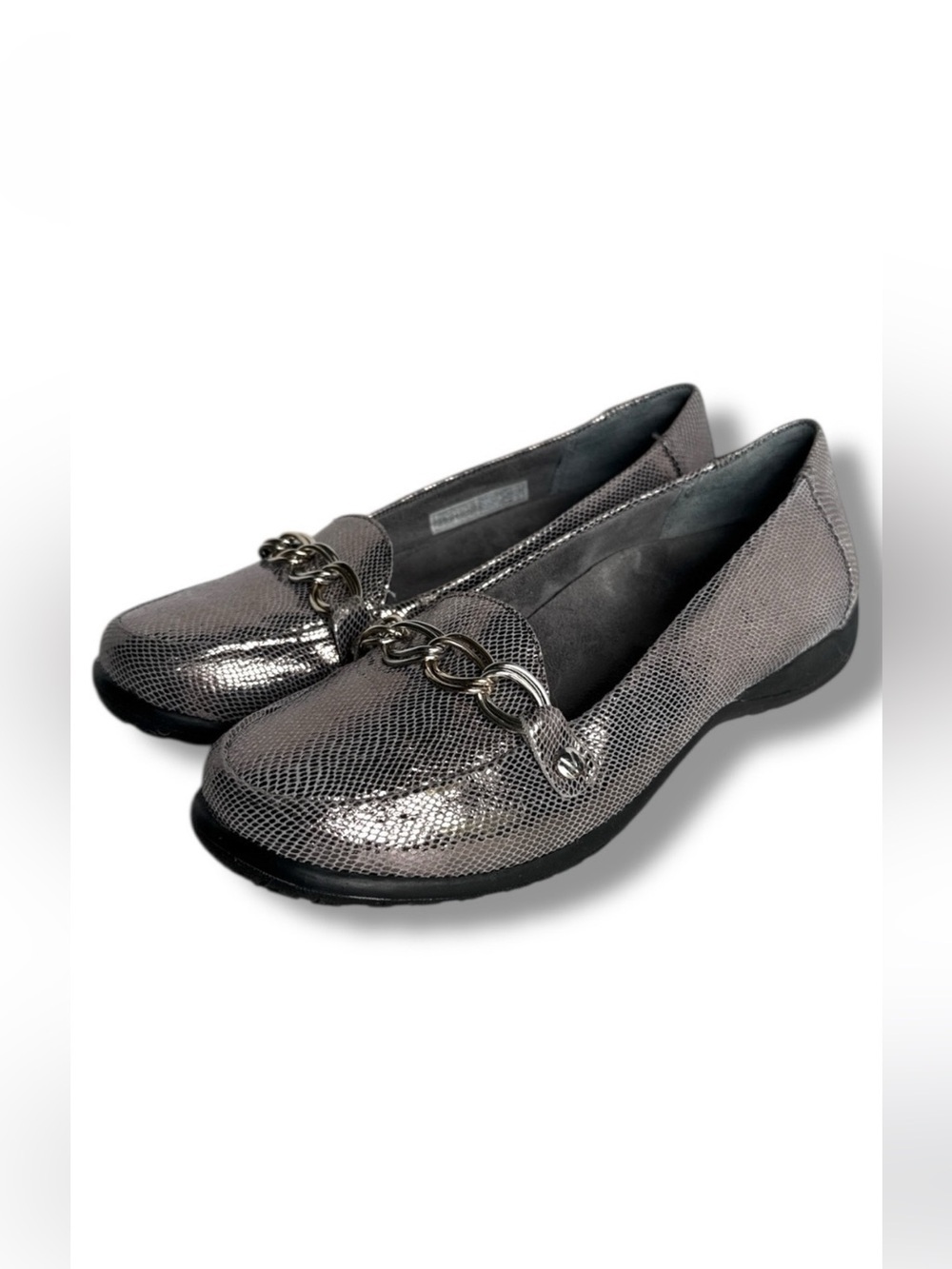 Vionic Metallic Pewter Alda Ballet Flats Loafers Leather Snakeskin Print Size 6